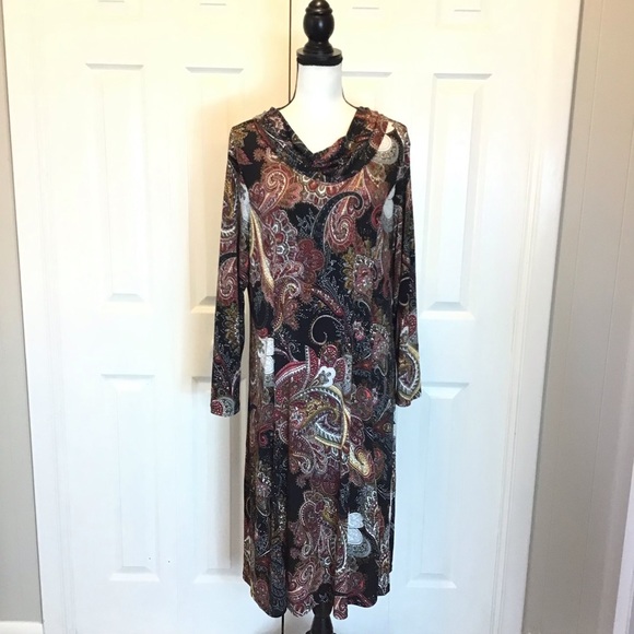 NWOT Southern Lady Paisley Print Long Sleeve Cowl Neck Shift Dress Size Large - Picture 1 of 6